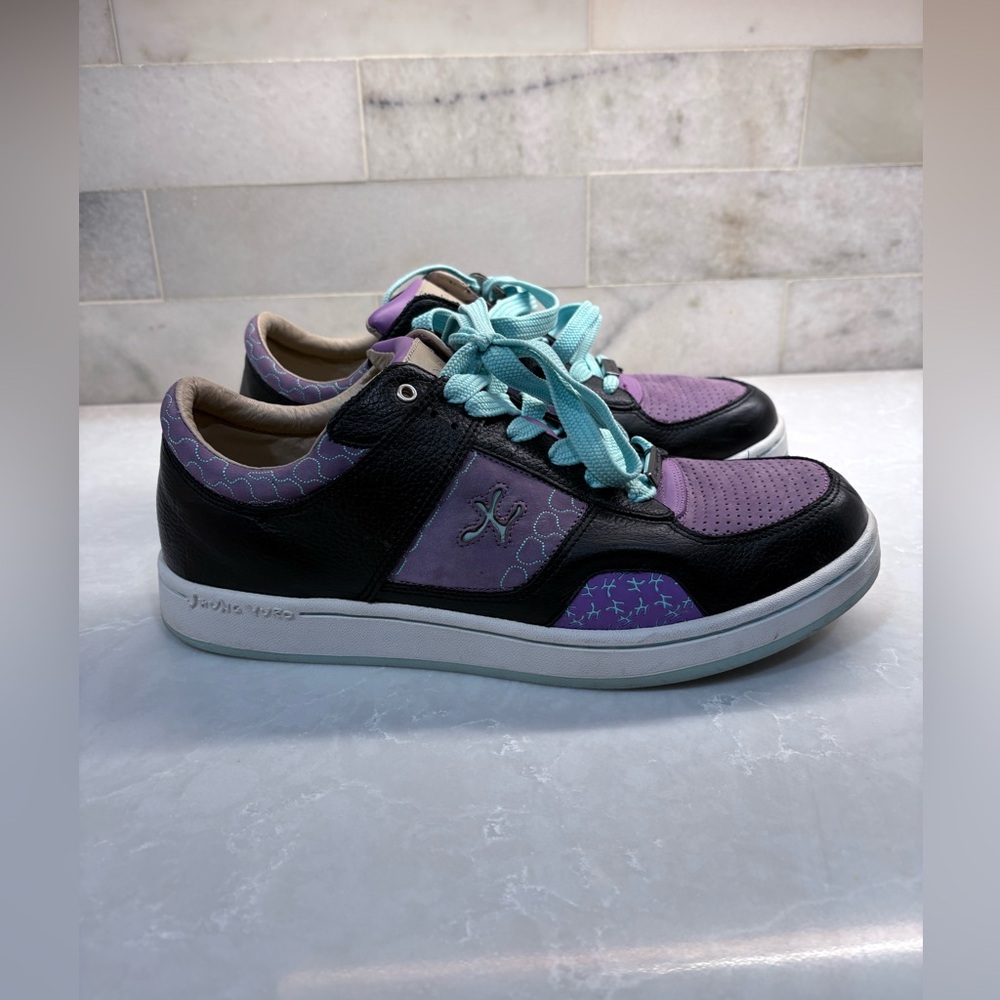 Jhung Yuro Purple & Black Leather Lace-Up Sneakers with Teal Laces